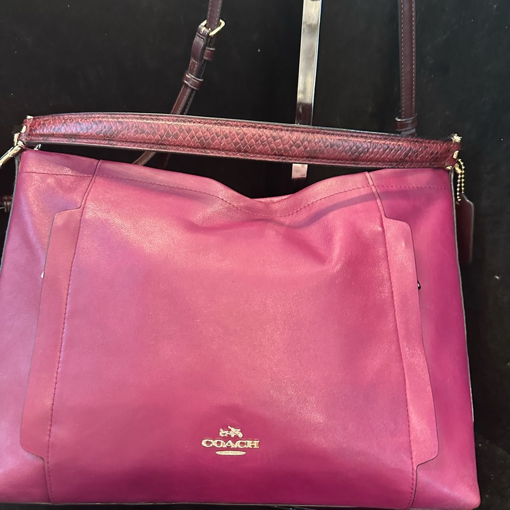 Coach Scout  Leather Shoulder Hobo  Bag in Raspberry Pink with Brown Trim